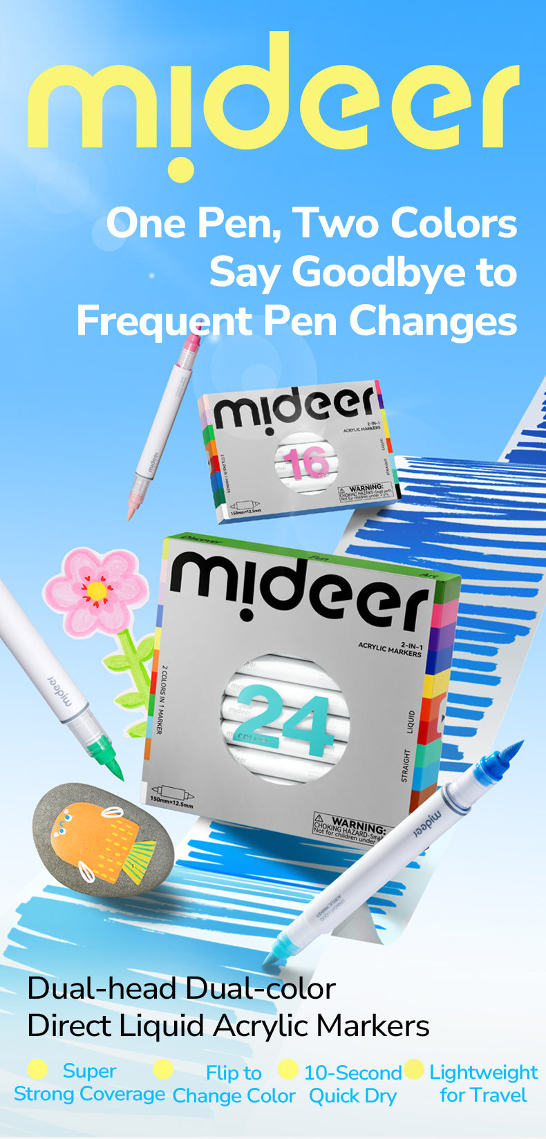 Markery akrylowe dwustronne 2w1 mideer – 16 kolorów