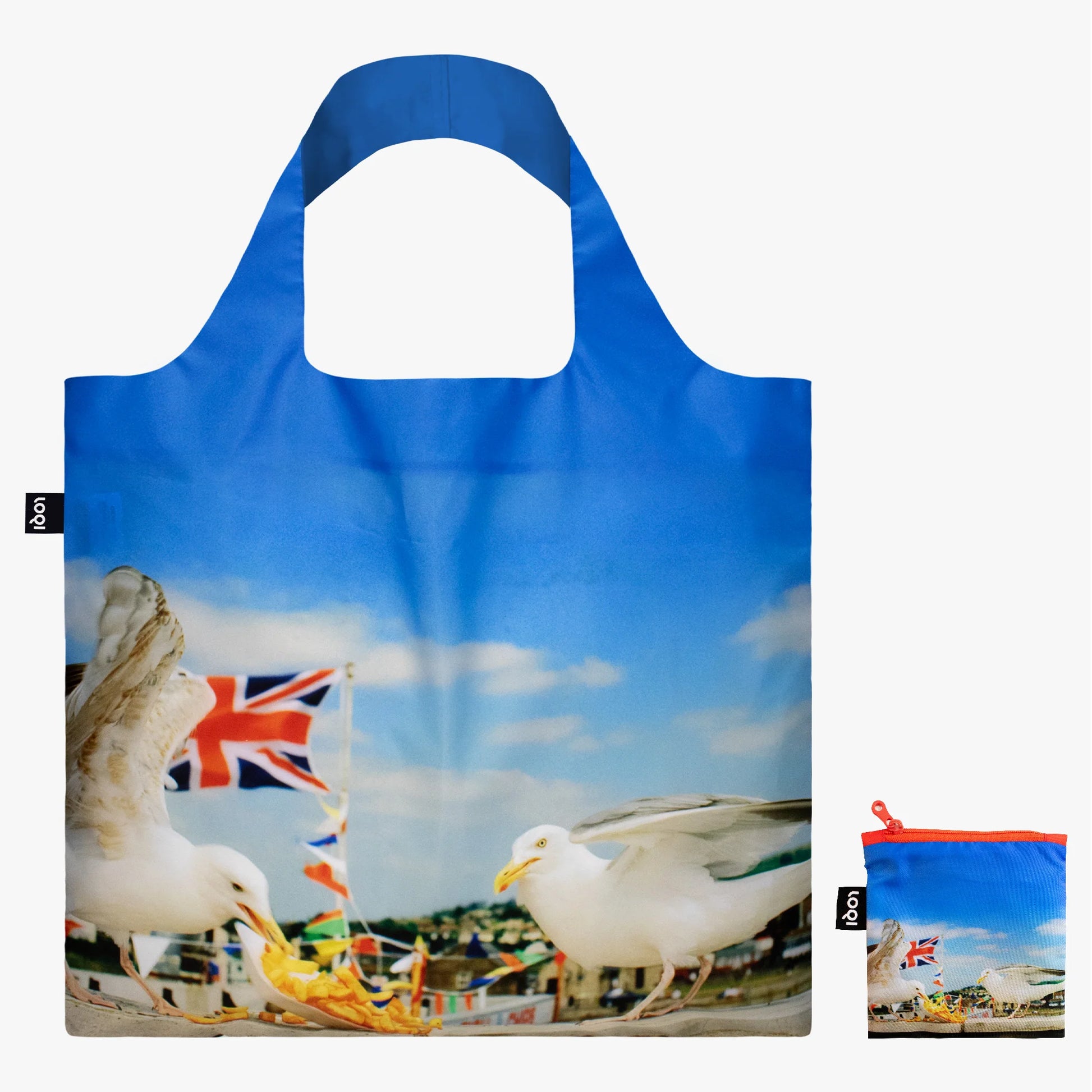Torba LOQI Martin Parr mewy z motywem mew na tle nieba i brytyjskiej flagi