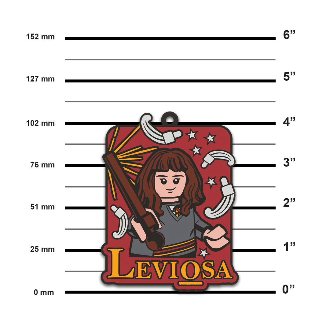 Magnes LEGO Harry Potter Hermiona Granger z różdżką i napisem Leviosa na czerwonym tle