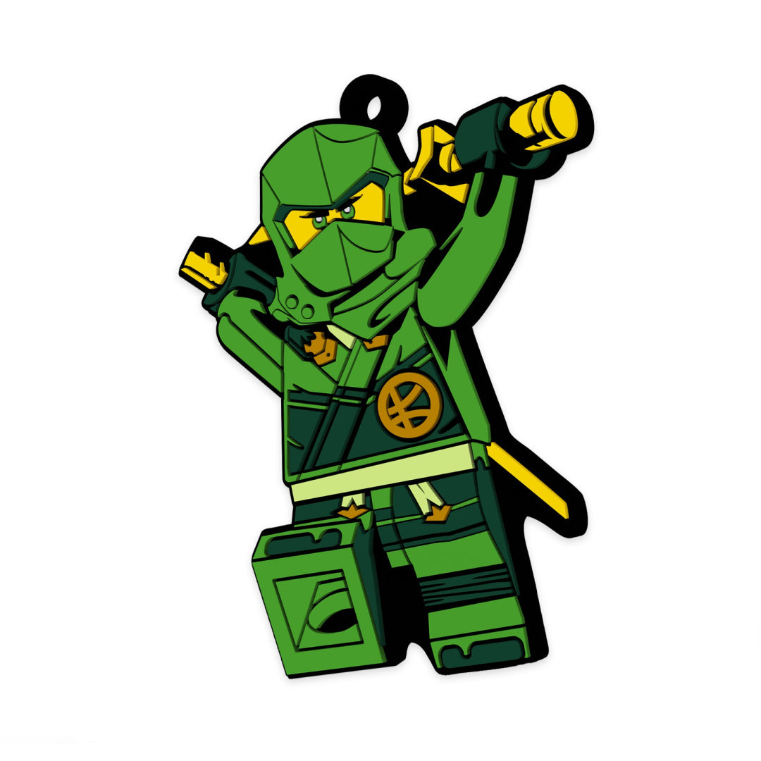 Magnes LEGO Ninjago Lloyd w zielonym stroju ninja z mieczem na plecach