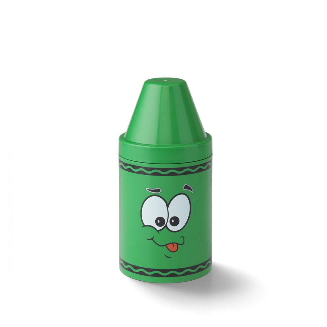 Zielony pojemnik na kredki Crayola zielony z uśmiechniętą twarzą i zakrętką w kształcie kredki