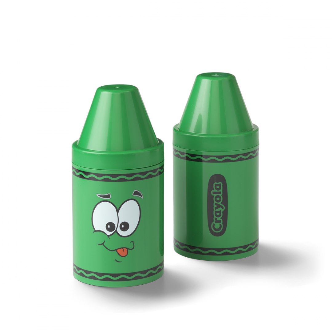 Pojemnik na kredki Crayola zielony z zabawną twarzą i zamknięciem w kształcie kredki