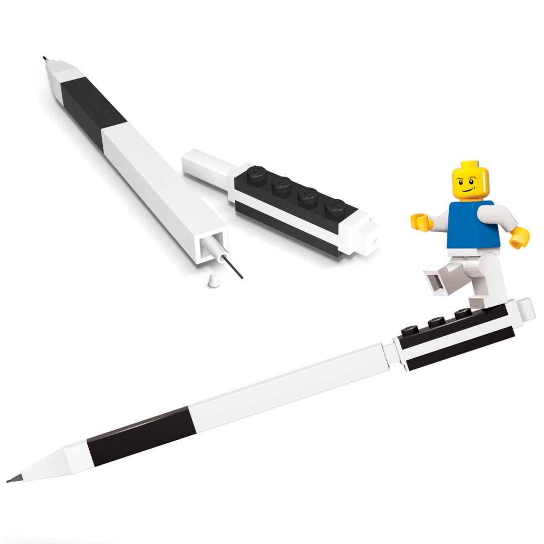 Mechaniczny ołówek LEGO w czarno-białym kolorze z wymiennym wkładem i figurką LEGO BV JACOB COMPANY