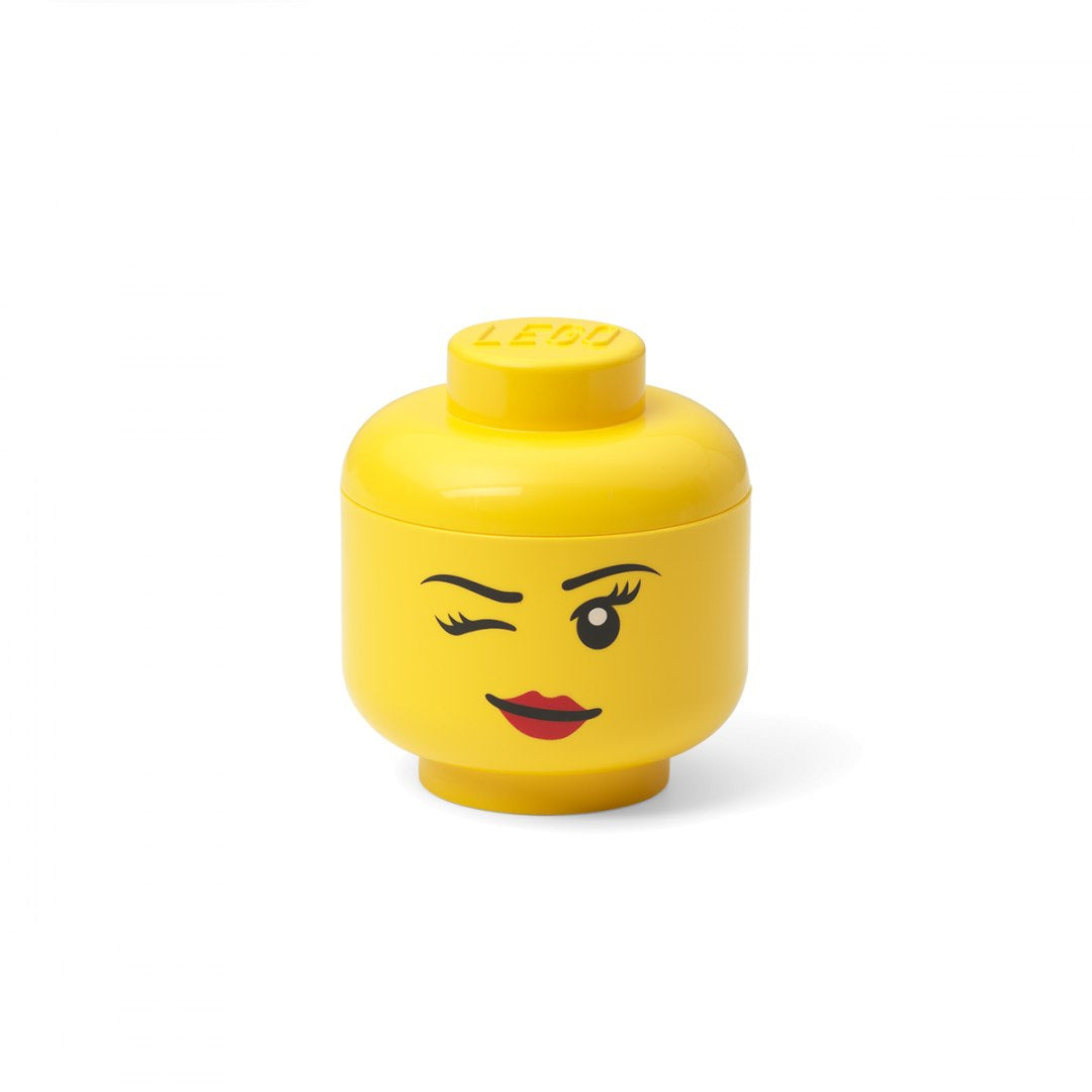Pojemnik LEGO głowa dziewczynka w żółtym kolorze z uśmiechniętą miną i zamruganiem