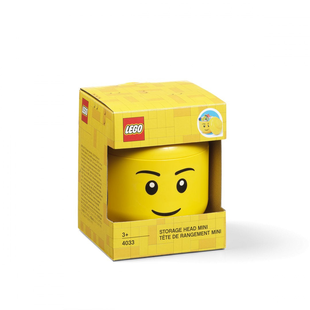 Pojemnik LEGO głowa chłopiec żółty w opakowaniu, idealny na przechowywanie akcesoriów