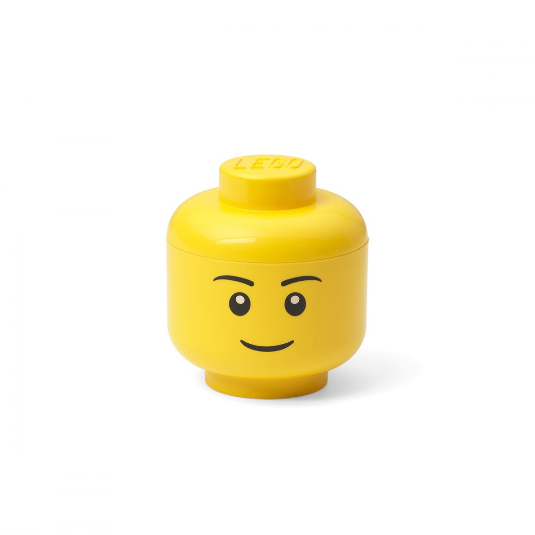 Pojemnik LEGO głowa chłopiec w jasnym żółtym kolorze z uśmiechniętą mimiką