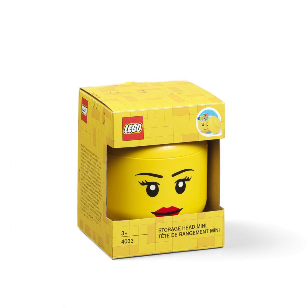 Pojemnik LEGO głowa dziewczynka żółty z czerwonymi ustami do przechowywania klocków