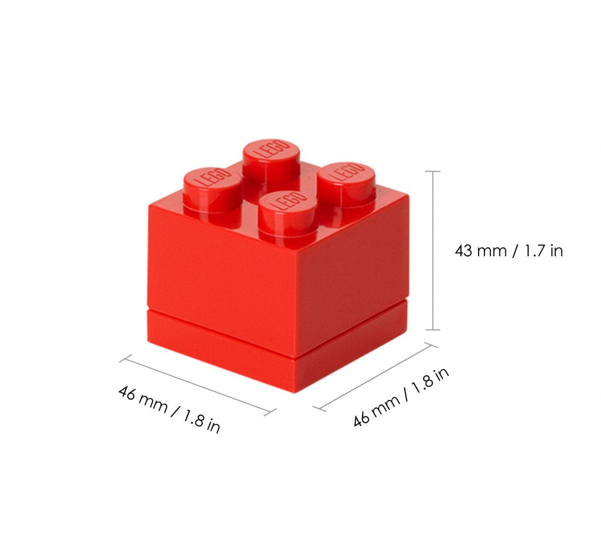 minipudełko LEGO czerwone w kształcie klocek z wymiarami 46x46x43 mm
