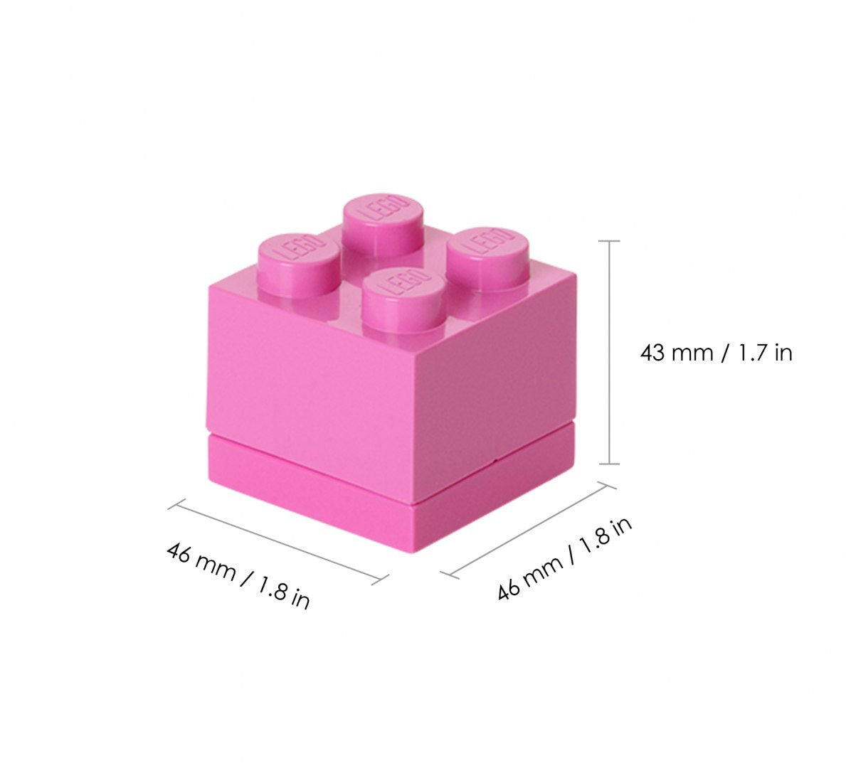 minipudełko LEGO różowe w kształcie kostki z wymiarami 46x46x43 mm od BV JACOB COMPANY