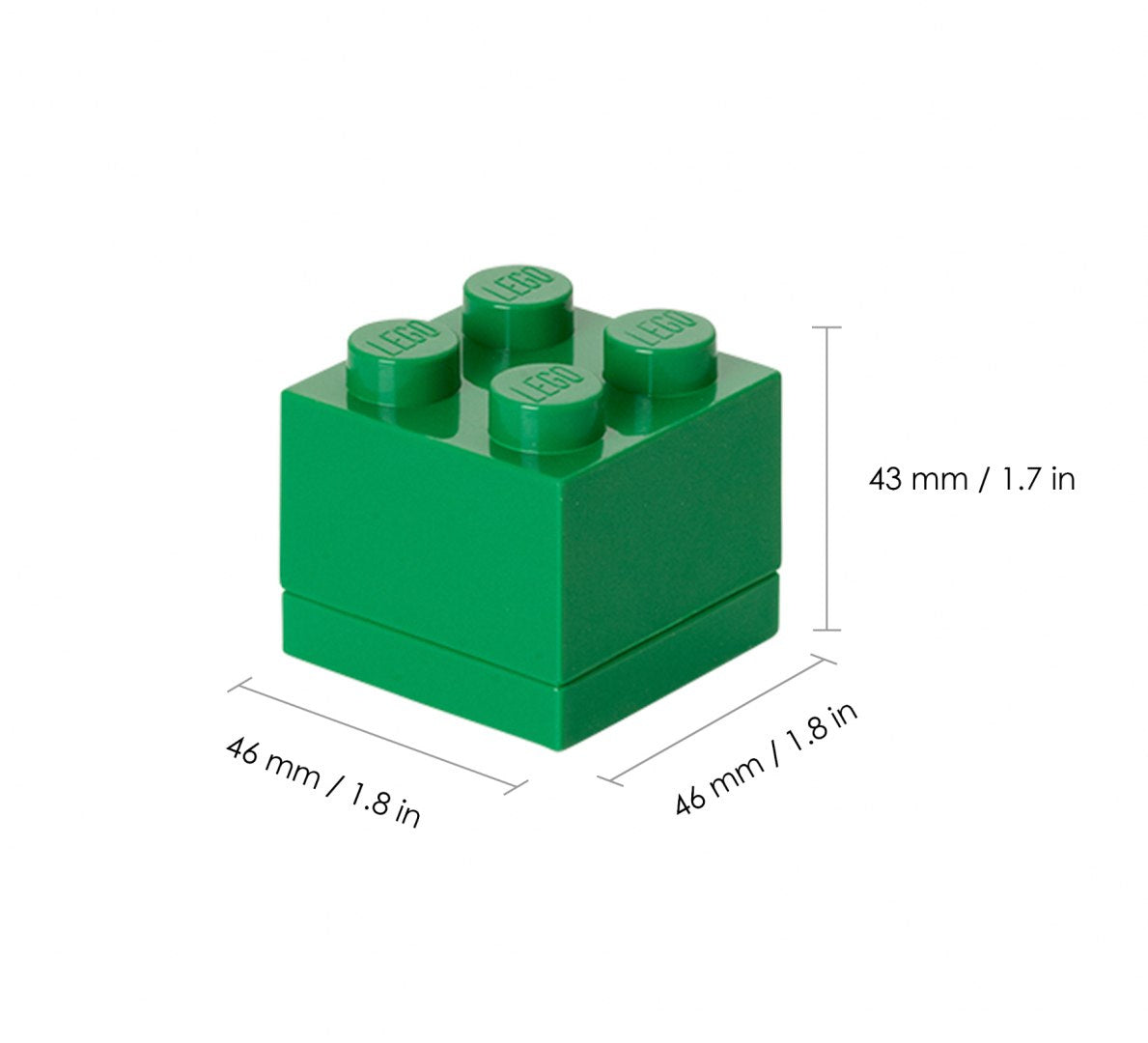 Minipudełko LEGO zielone o wymiarach 46x46x43 mm z logo LEGO na górze
