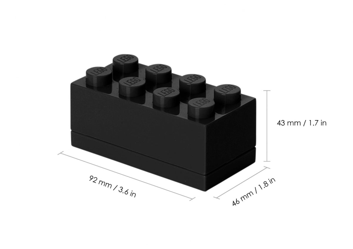 Czarne minipudełko LEGO czarne w kształcie klocka z wymiarami 92x46x43 mm