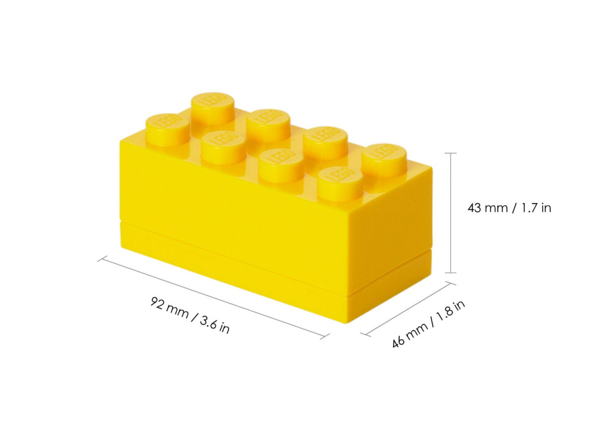 minipudełko LEGO 8 żółte w kształcie klocka z wymiarami 92x46x43 mm