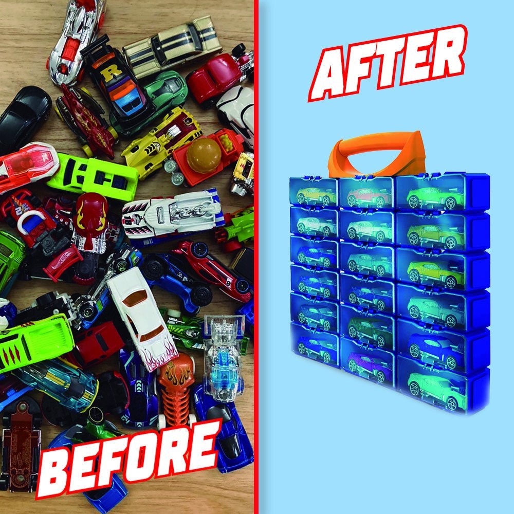 modułowa walizka Hot Wheels w niebieskim kolorze na 24 samochodziki z uchwytem i transparentnymi przegródkami