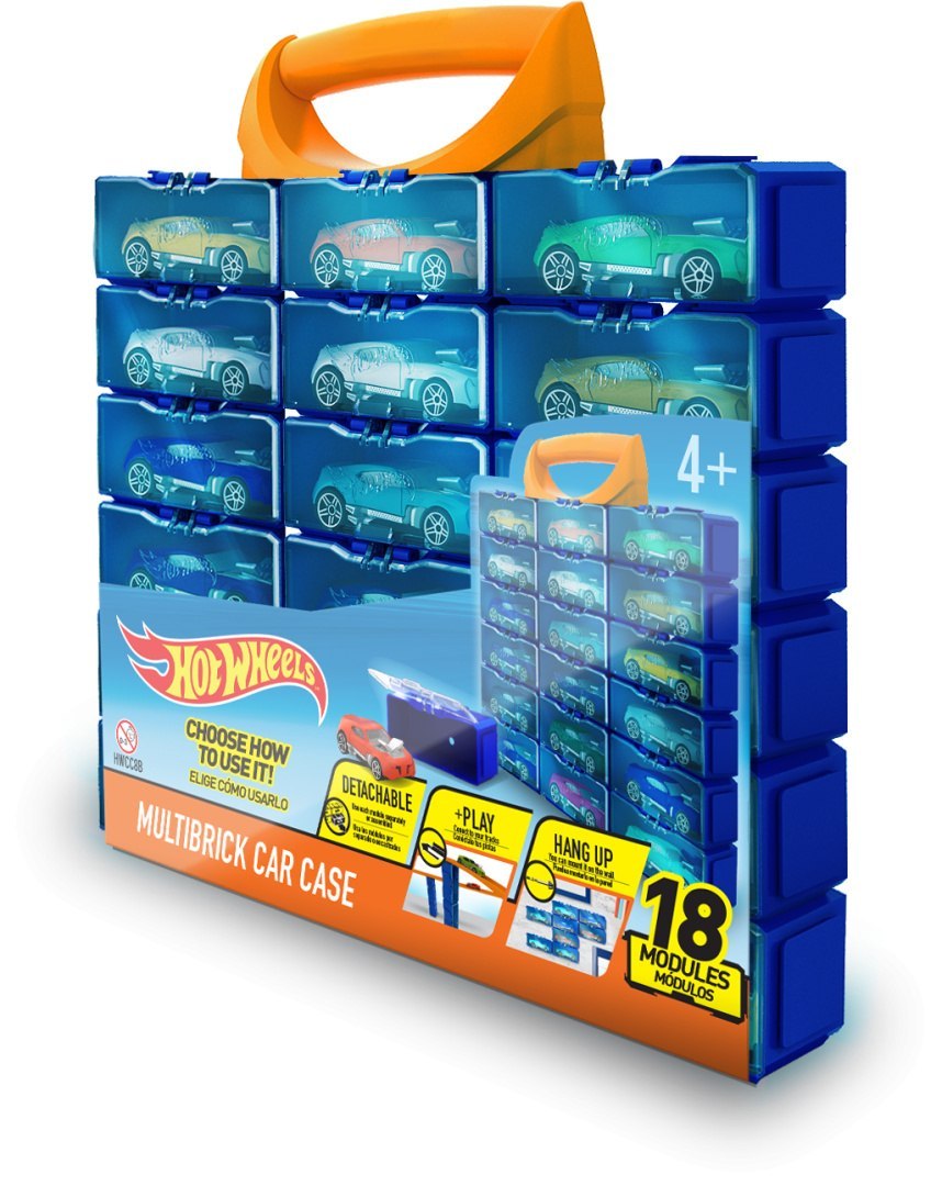 Modułowa walizka Hot Wheels MOB niebieska z pomarańczową rączką i miejscem na 18 samochodzików