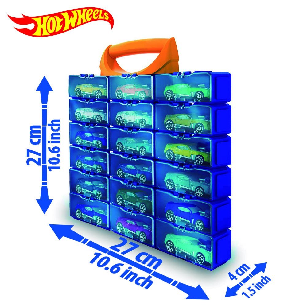 Modułowa walizka Hot Wheels na samochodziki z przezroczystymi niebieskimi przegródkami i pomarańczową rączką