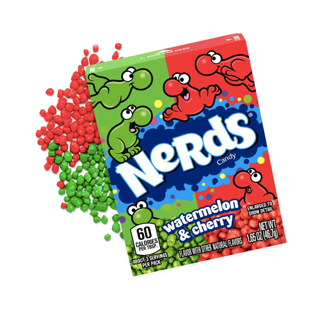 Nerds arbuz wiśnia cukierki w opakowaniu Yamann z czerwonymi i zielonymi drażetkami