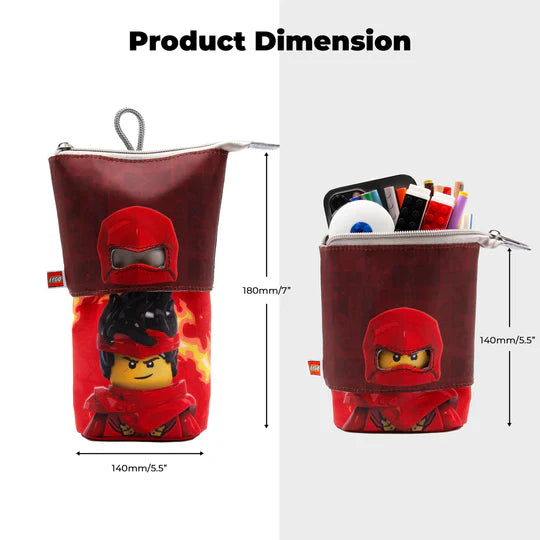 Piórnik LEGO Ninjago Kai w czerwonym kolorze z sylwetką bohatera i zamkiem błyskawicznym