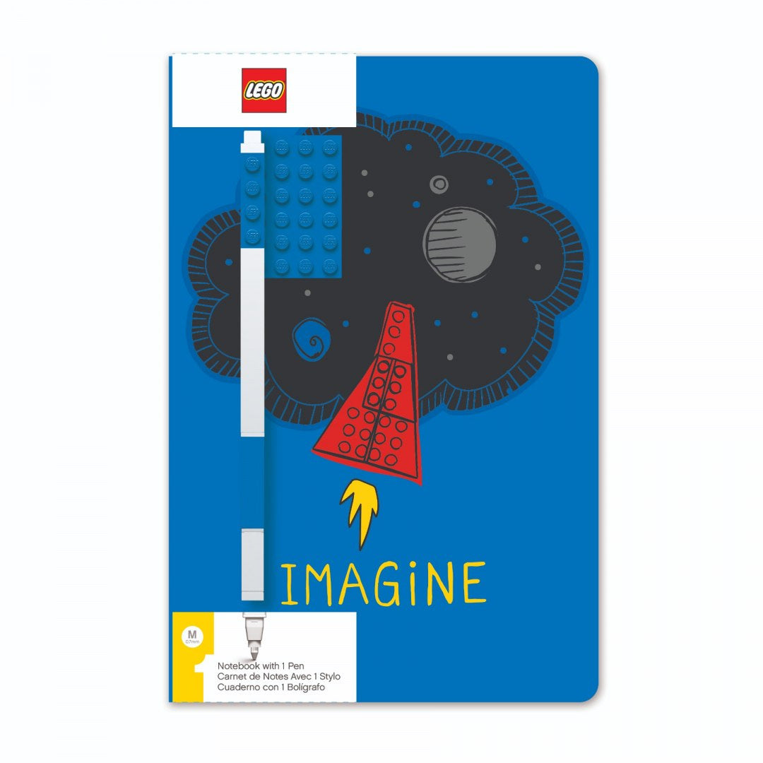 Notatnik LEGO Imagine z długopisem w niebieskiej okładce z grafiką rakiety i napisem imagine