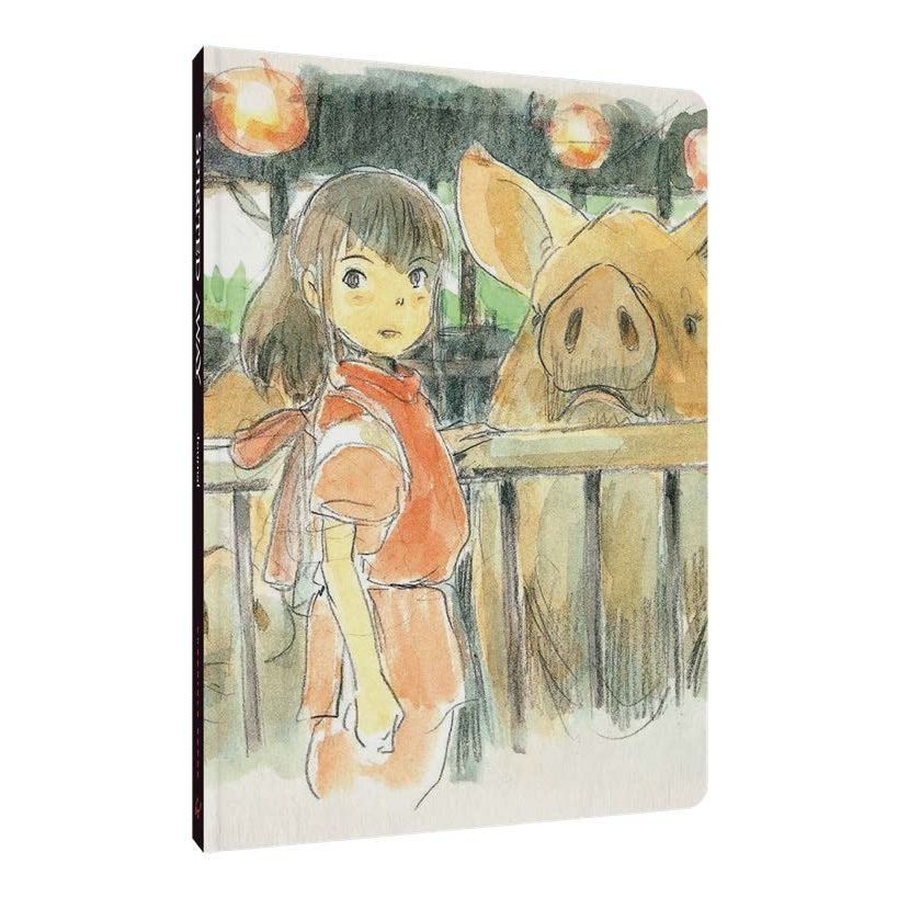Notatnik Spirited Away z ilustracją dziewczynki i dużej świni w stylu akwareli