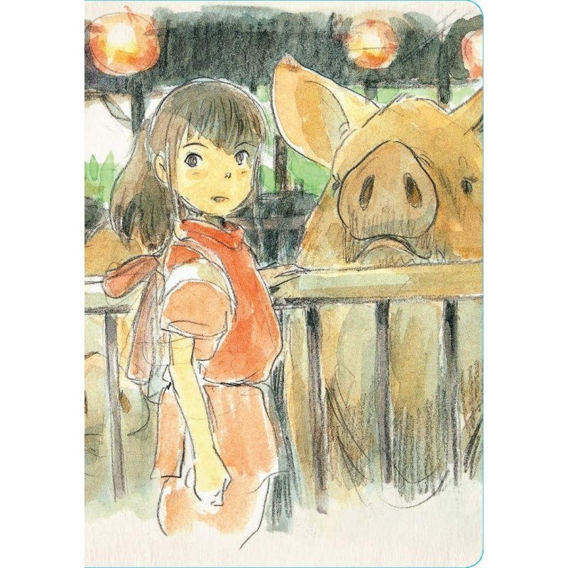 Notatnik Spirited Away z ilustracją dziewczynki i dużą świnią w stylu akwareli