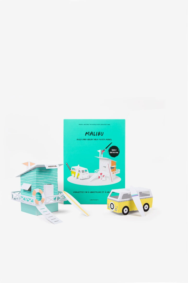 Papierowy model do składania Malibu zestaw z makietami domku plażowego i samochodu kempingowego
