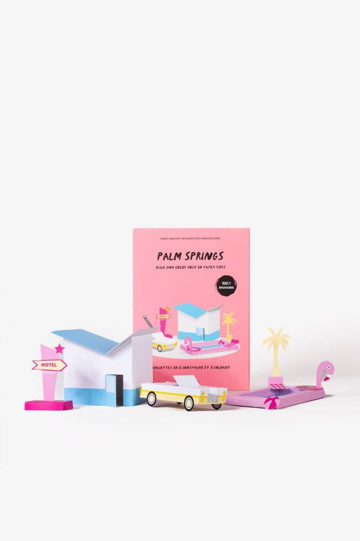 Papierowy model do składania Palm Springs zestaw z retro samochodem i elementami dekoracyjnymi od Yamann