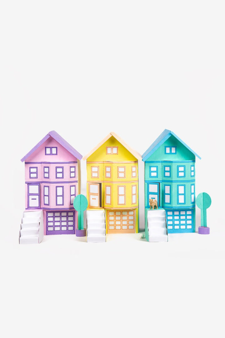 Papierowy model San Francisco trzy kolorowe domki z schodami i drzewkami od Yamann