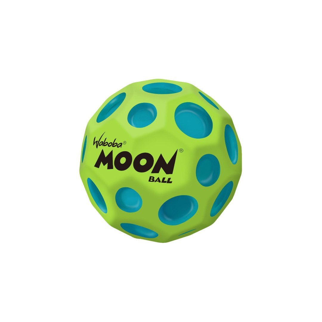 Zielona piłeczka Moon Ball Waboba z niebieskimi wgłębieniami do zabawy i treningu zręczności
