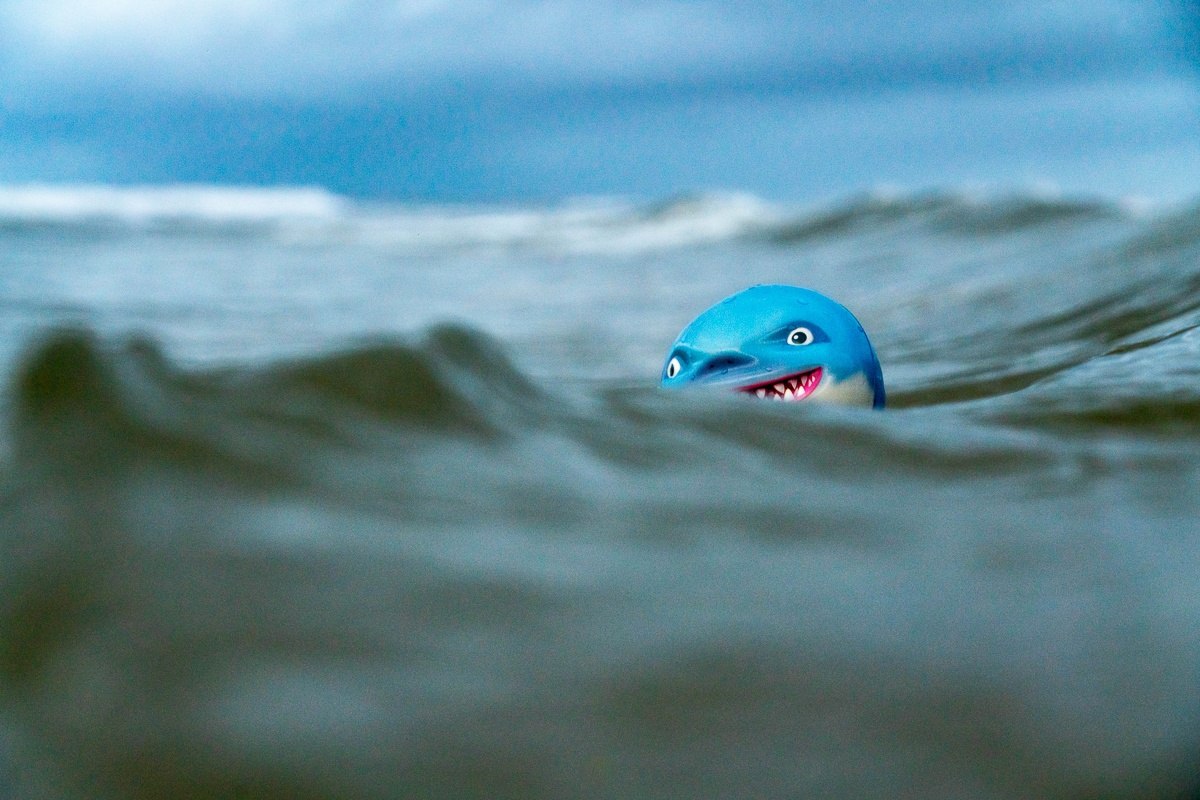 Piłeczka Waboba Sharky Shark do zabawy w wodzie wyglądająca jak niebieski rekin na falach