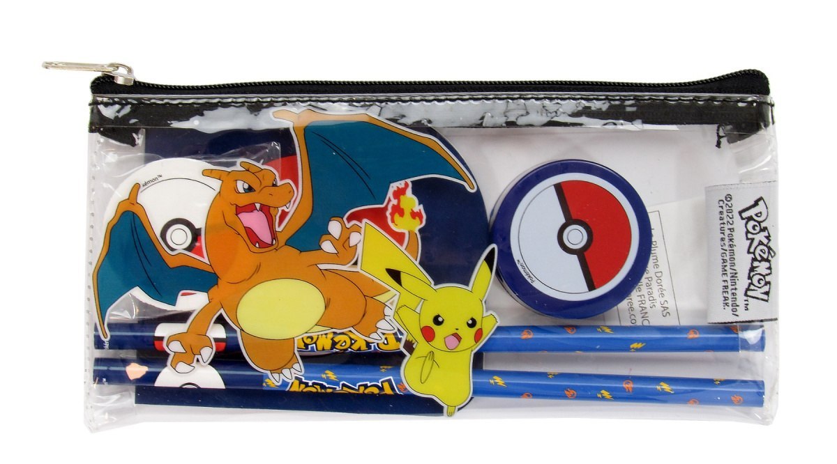 Estuche Pokémon transparente con equipamiento que contiene lápices, goma de borrar y sacapuntas con el motivo de Pokémon
