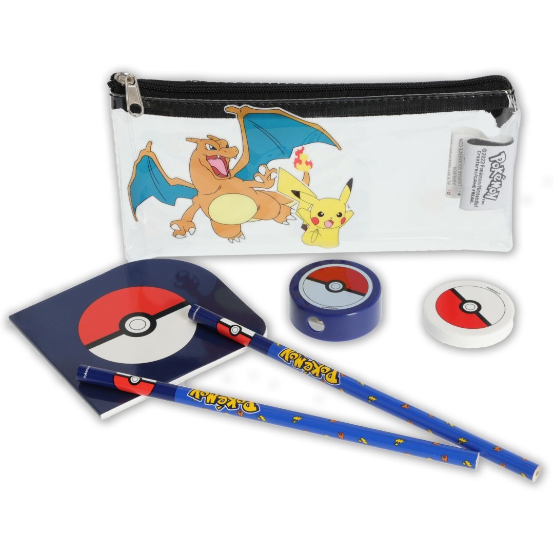 Estuche Pokémon con equipamiento con los personajes de Charizard y Pikachu y accesorios de escritura