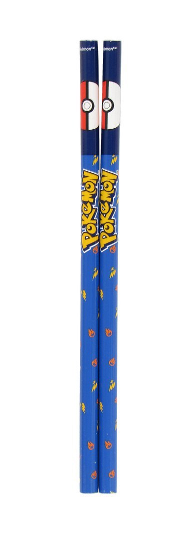 Lápices azules con motivo de pokémones con el logo de Pokémon sobre un fondo azul estuche Pokémon con equipamiento