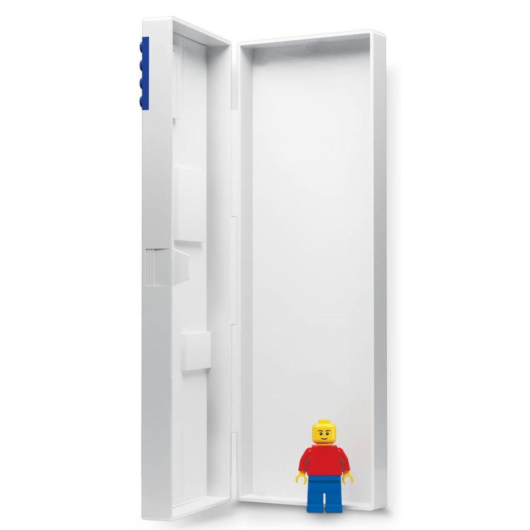 Piórnik LEGO z minifigurką w kształcie białej otwartej kasetki na przybory szkolne