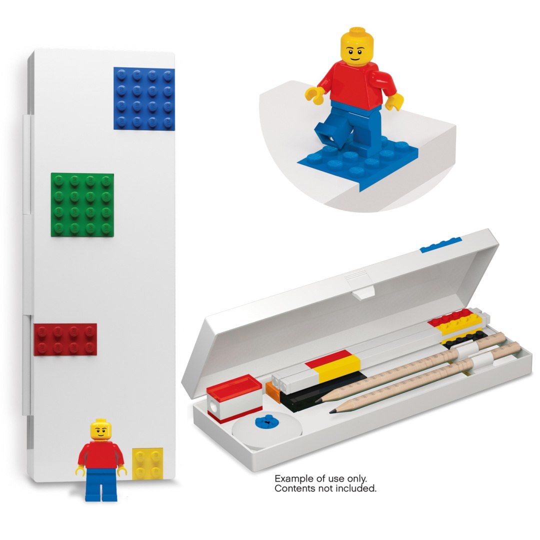 Piórnik LEGO z minifigurką w białym kolorze z kolorowymi elementami do przechowywania przyborów szkolnych