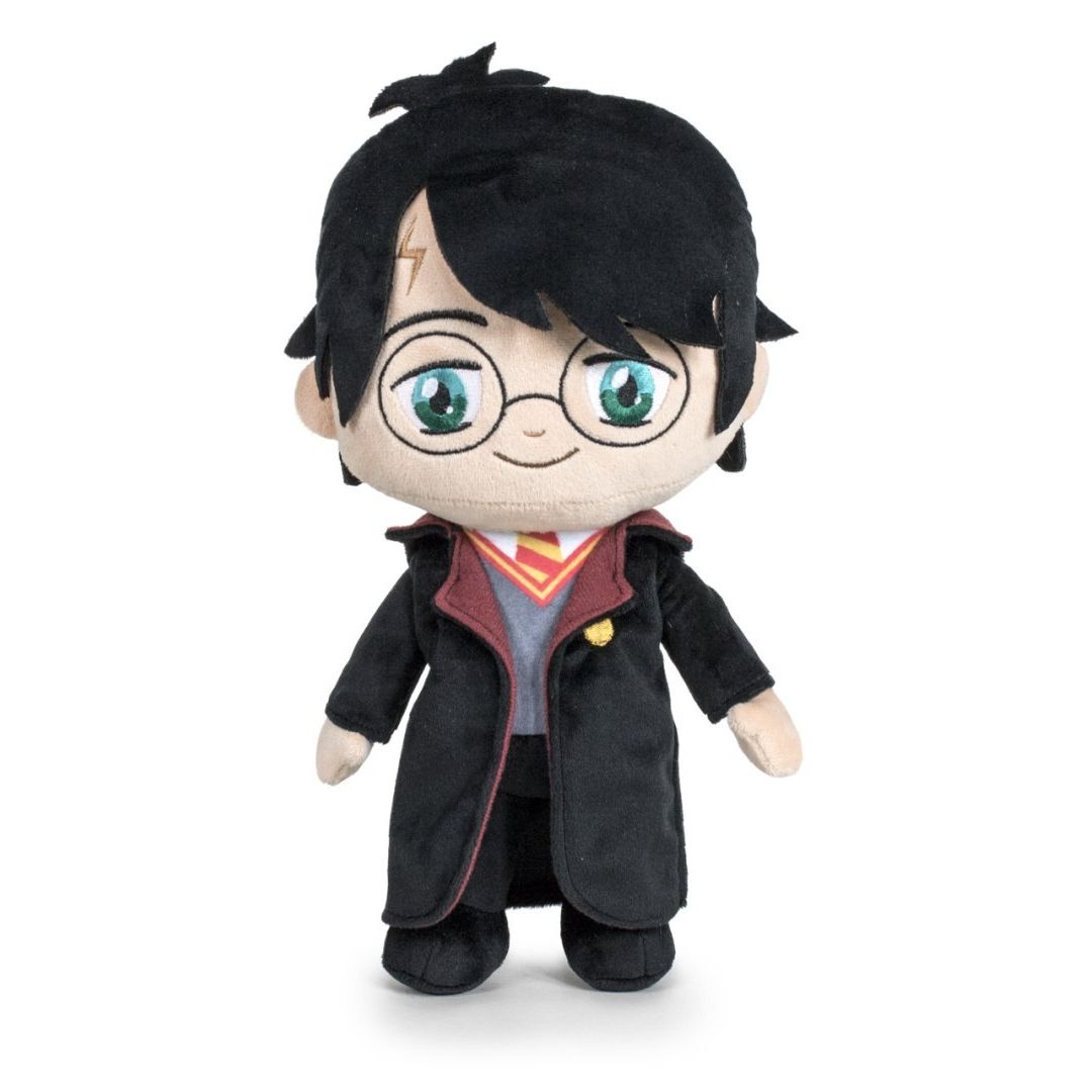 Pluszak Harry Potter z okularami i znakiem błyskawicy na czole w czarnym płaszczu