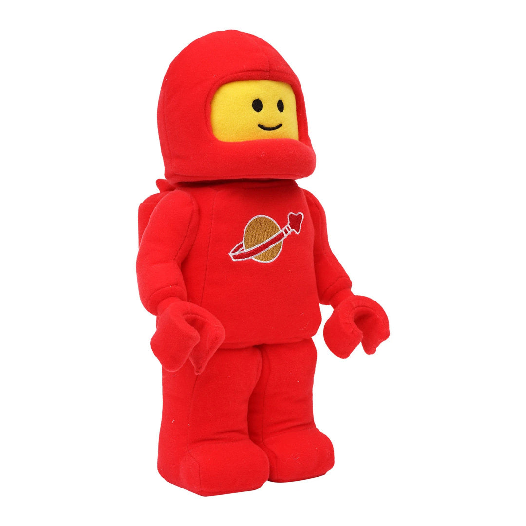 pluszak LEGO czerwony astronauta z żółtą twarzą i symbolem planety na piersi