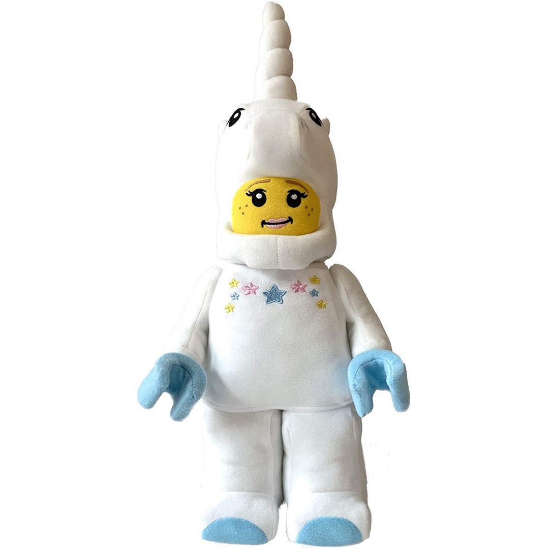 pluszak LEGO jednorożec w białym kostiumie z różowymi i niebieskimi gwiazdkami oraz dużym rogiem na głowie