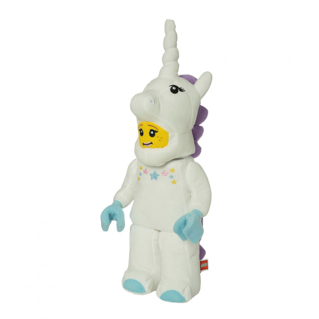 Pluszak LEGO jednorożec w białym kostiumie jednorozca z niebieskimi rękawicami i fioletową grzywą