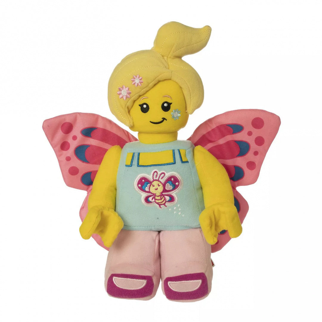 Pluszak LEGO Motylek z żółtą głową, różowymi skrzydłami i niebieskim ubrankiem z motylem