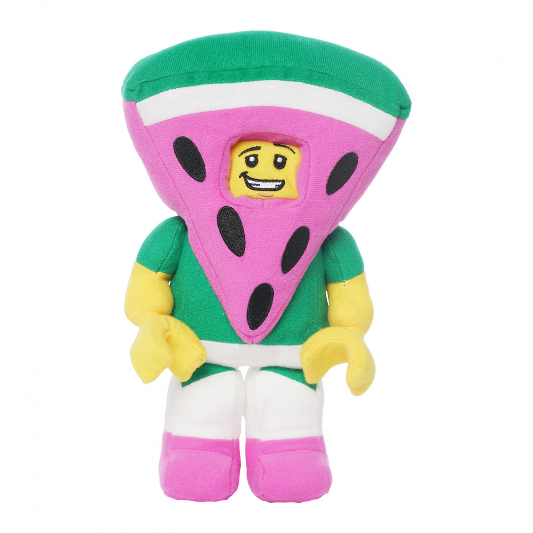Pluszak LEGO arbuz w kształcie postaci LEGO z uśmiechniętą minifigurką i różowo-zielonym kostiumem