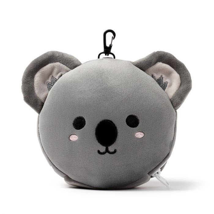 Pluszowa poduszka podróżna koala w szarym kolorze z karabińczykiem marki Puckator