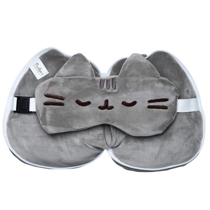 Pluszowa poduszka podróżna Pusheen w kształcie szarego kota z maską na oczy i paskiem