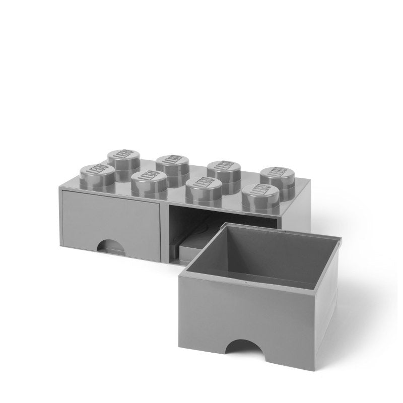 Szara szuflada LEGO dla dzieci w kształcie klocka z dwiema wysuwanymi przegródkami