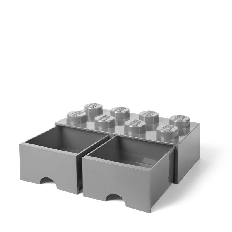 Szara szuflada LEGO dla dzieci w kształcie klocka z dwiema otwartymi szufladami na zabawki
