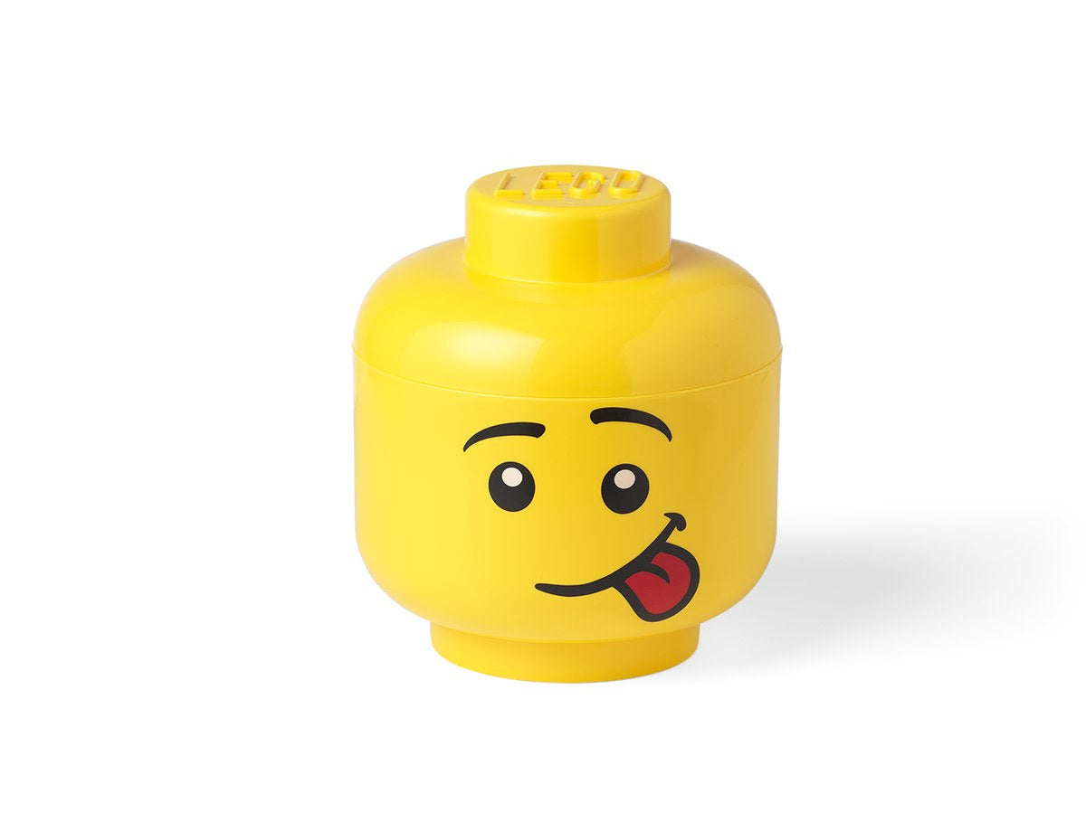 Pojemnik LEGO duża głowa chłopiec w żółtym kolorze z zabawną miną i wystającym językiem