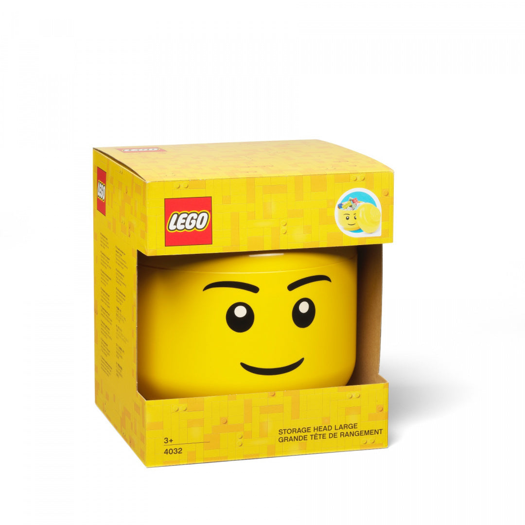 Pojemnik LEGO duża głowa chłopiec w żółtym kolorze z uśmiechniętą minifigurką LEGO