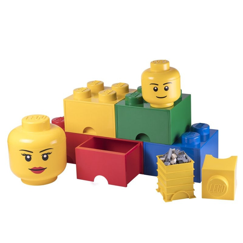 Pojemnik LEGO duża głowa chłopiec i dziewczynka w kolorowych klockach do przechowywania