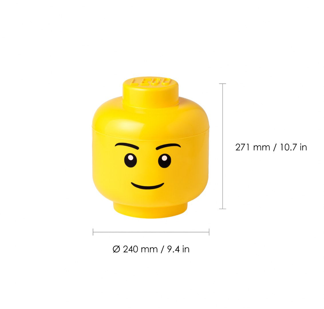 Pojemnik LEGO duża głowa chłopiec w żółtym kolorze z uśmiechniętą twarzą do przechowywania klocków