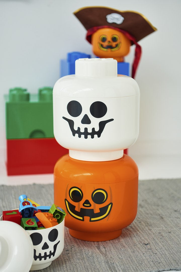Pojemnik LEGO dynia z motywem dyni i czaszki, idealny na klocki LEGO i zabawki