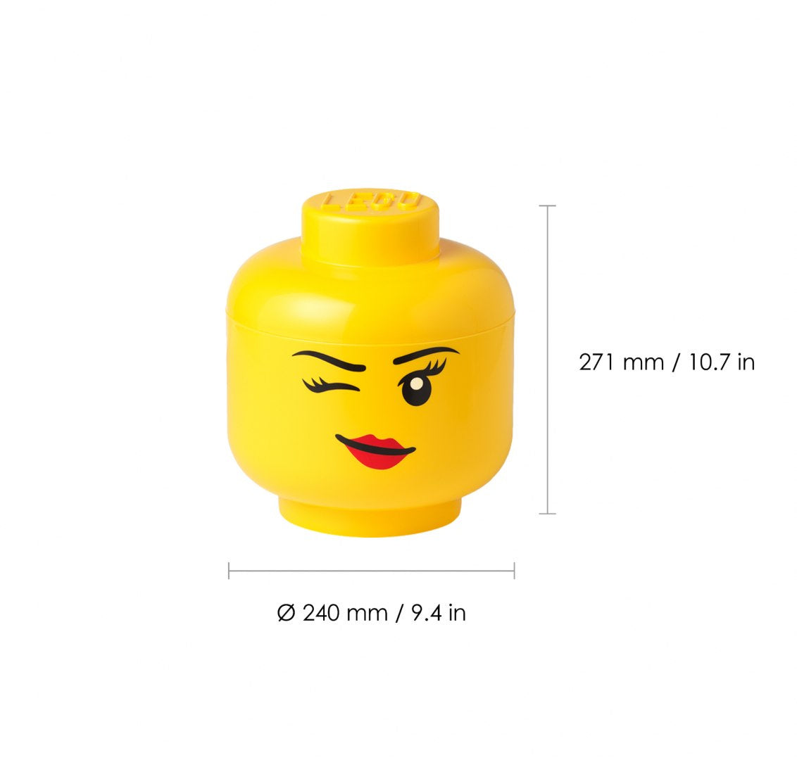 Żółty pojemnik LEGO dziewczynka w kształcie głowy z uśmiechniętą miną mrugającą okiem
